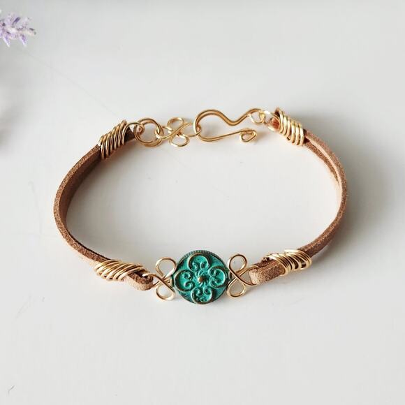 Floral Metal Bead Bracelet on Vegan Suede Cord - Picture 1 of 5